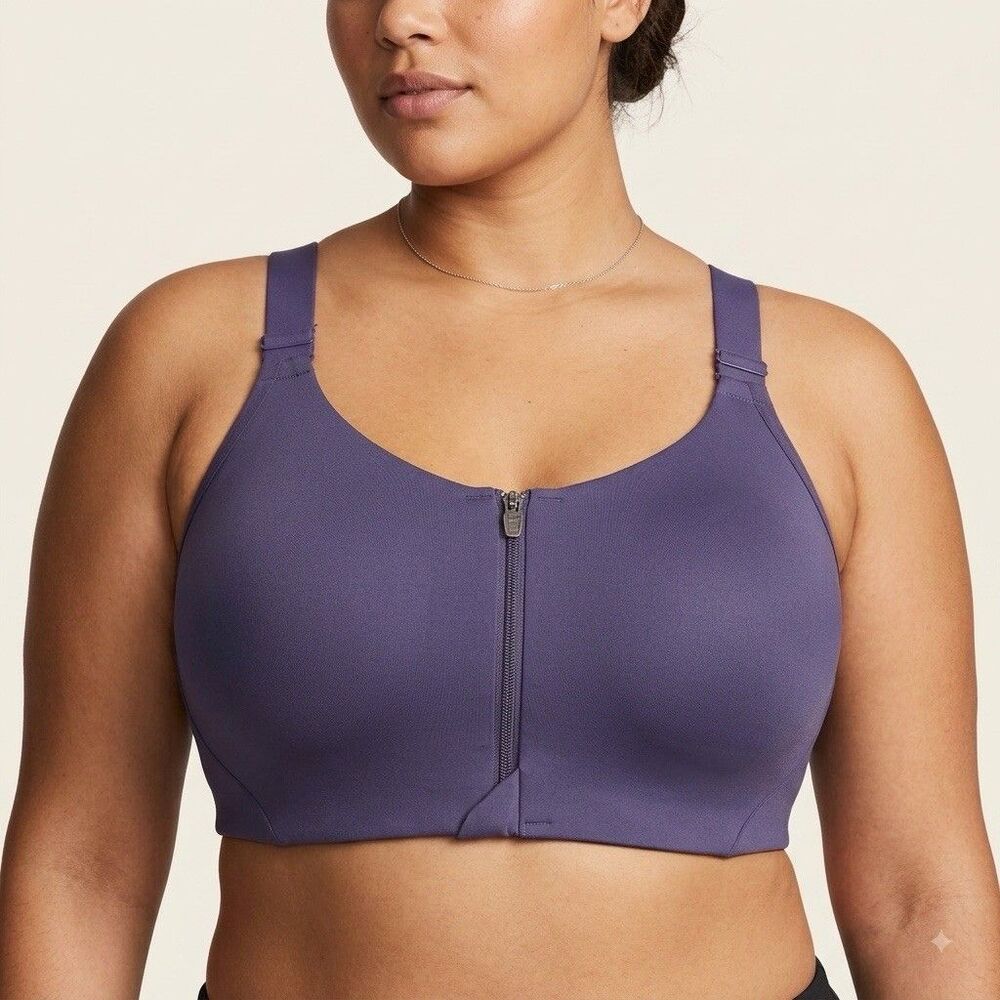 All In Motion Womens Sz 38D Padded Zip Front Sports Bra Purple Racerback Comfort